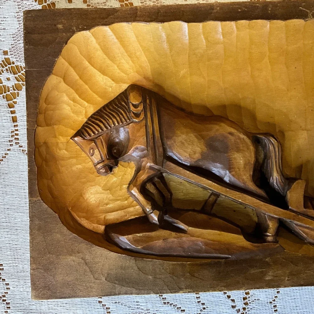 Vintage Hand Carved Wood‎ Relief Plaque Horse Sled Logger Cottagecore Rustic